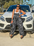 Strap camouflage pants printed loose fitting jumpsuit