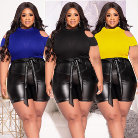 Fashion women's solid color off shoulder top sexy buttocks leather pants set