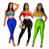 Sexy strapless color blocking hollow out jumpsuit