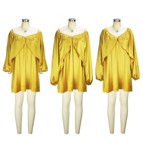 Satin Solid Color Temperament Off Shoulder Flowing Short Dress Fashion Sexy Lace up Loose fitting Dress