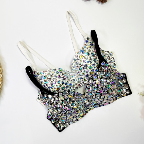 Sexy Diamond Bead Wrapped Chest Nightclub Spicy Girl Shaping Bra Short Large Open Back Fun Underwear for External Wear