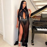 Hanging Neck Perspective Sexy Slim Fit Split Hollow Out Dress