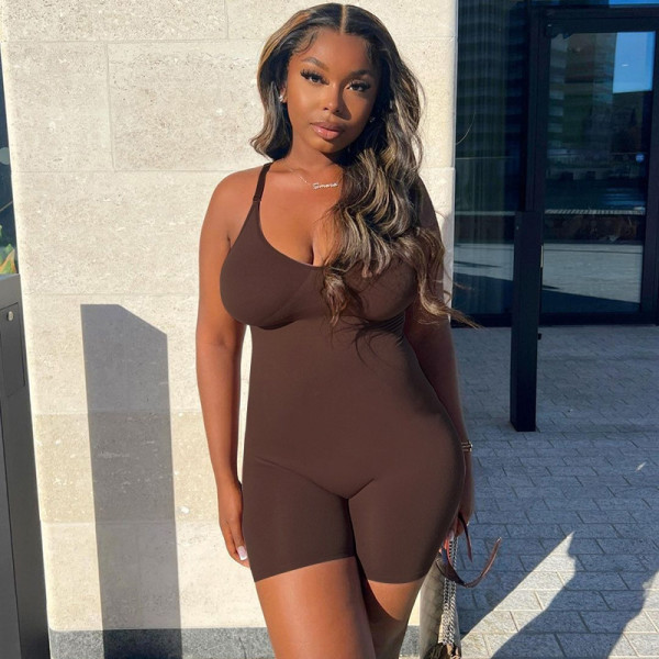 Women's solid color sexy backless short sports jumpsuit