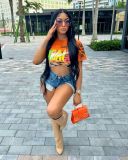 Tiger print short sleeved navel exposed slim fitting fashionable sexy round neck T-shirt
