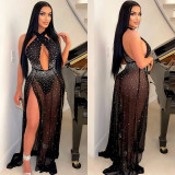 Hanging Neck Perspective Sexy Slim Fit Split Hollow Out Dress