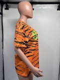 Tiger print short sleeved navel exposed slim fitting fashionable sexy round neck T-shirt
