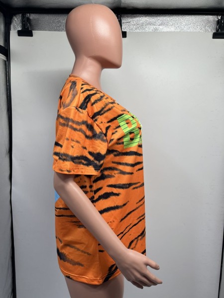 Tiger print short sleeved navel exposed slim fitting fashionable sexy round neck T-shirt