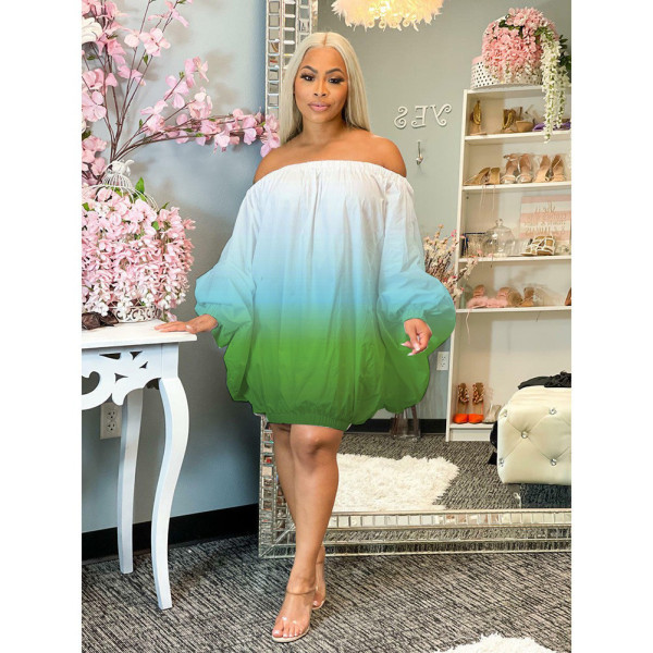 Street loose fitting short skirt gradient printed off shoulder dress