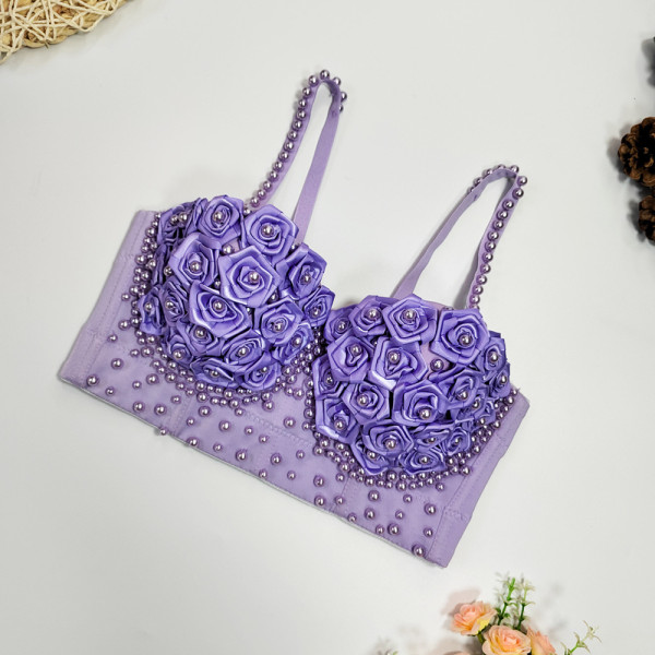 3D Rose Blossom Pearl Fishbone Chest Waist length Short Shaped Wrap up Vest Style Bra