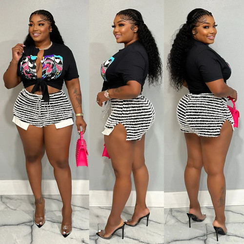 Striped drawstring high waisted super shorts, sexy and fashionable, spicy girls, casual and versatile oversized pants