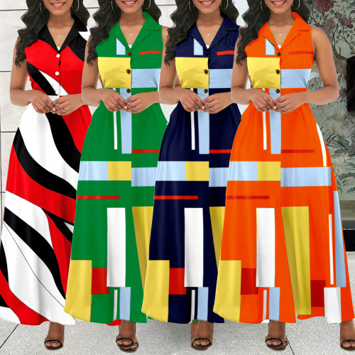 Sexy Fashion Long Dress Women's Digital Printing Sleeveless V-Neck Elegant Dress