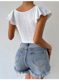 Petal Sleeve Short Sleeve Tank Top Slim Fit Short Elegant Knitted Bottom Shirt Women's Short T-shirt
