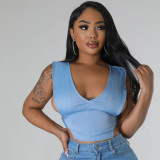 High elastic denim adjustable buckle tied vest for women's top