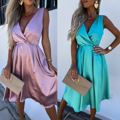 V-neck multi-color dress loose casual sleeveless dress