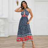 Sexy Cross Strap Hanging Neck Dress Bohemian Vintage Fragmented Flower Dress
