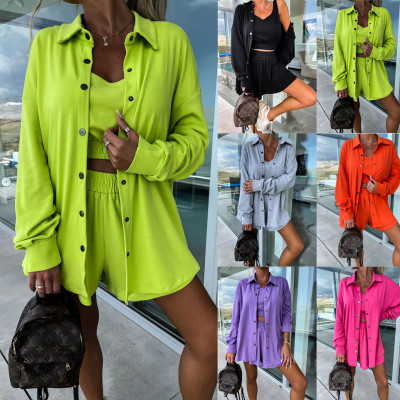 Casual Three Piece INS Vacation Loose Pocket Women's Shorts Set