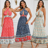 Sexy Cross Strap Hanging Neck Dress Bohemian Vintage Fragmented Flower Dress
