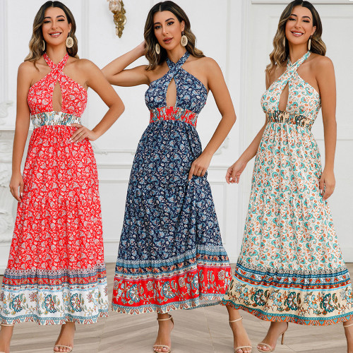 Sexy Cross Strap Hanging Neck Dress Bohemian Vintage Fragmented Flower Dress