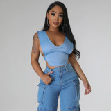High elastic denim adjustable buckle tied vest for women's top
