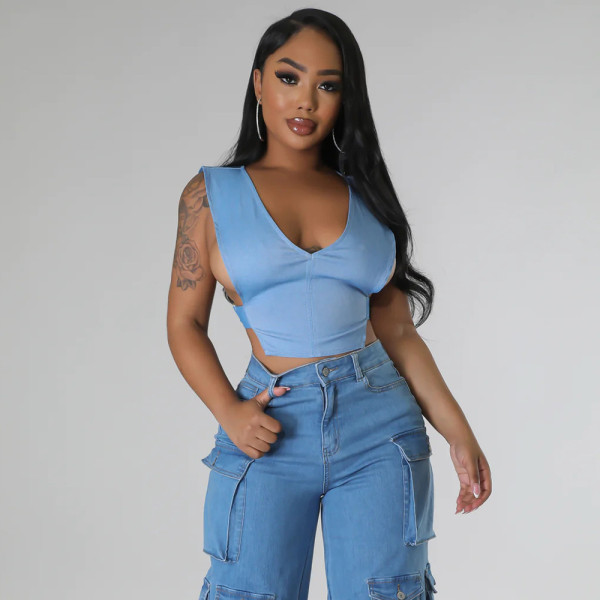 High elastic denim adjustable buckle tied vest for women's top