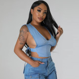 High elastic denim adjustable buckle tied vest for women's top
