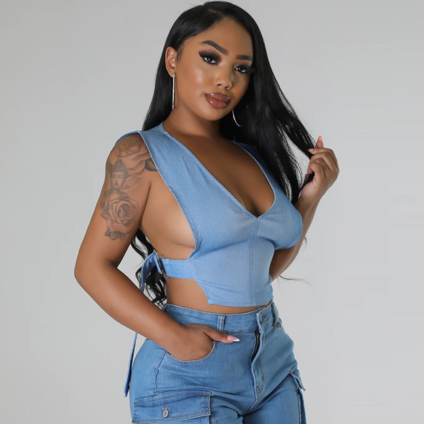 High elastic denim adjustable buckle tied vest for women's top