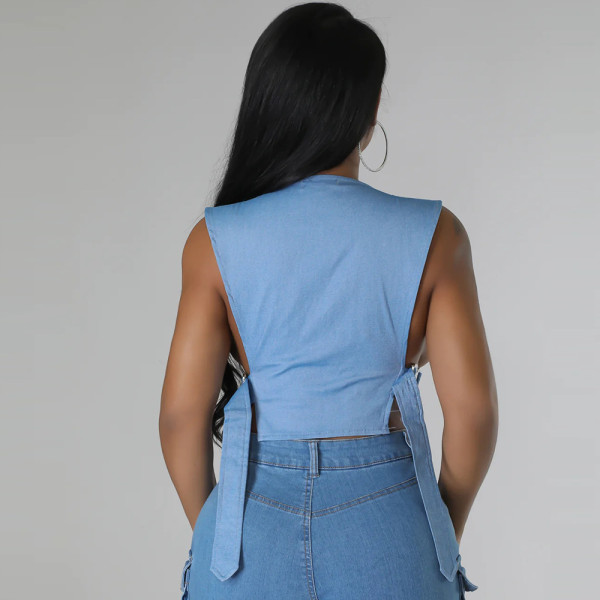 High elastic denim adjustable buckle tied vest for women's top