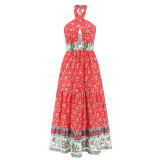 Sexy Cross Strap Hanging Neck Dress Bohemian Vintage Fragmented Flower Dress