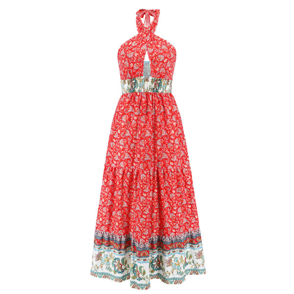 Sexy Cross Strap Hanging Neck Dress Bohemian Vintage Fragmented Flower Dress