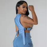High elastic denim adjustable buckle tied vest for women's top