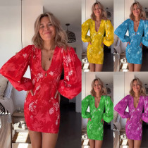 Pleated Long Sleeve Sexy V-Neck Dress Casual Loose Vacation Wrap Hip Dress Pleated Long Sleeve Sexy V-Neck Dress Casual Loose Vacation Wrap Hip Dress