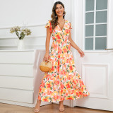 V-neck Ruffle Sleeve Dress Bohemian Printed Long Dress
