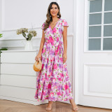V-neck Ruffle Sleeve Dress Bohemian Printed Long Dress