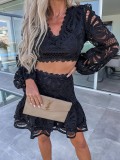 Long Sleeve Lace Set Lantern Sleeve Short Skirt Two Piece Set
