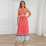 Sexy Cross Strap Hanging Neck Dress Bohemian Vintage Fragmented Flower Dress