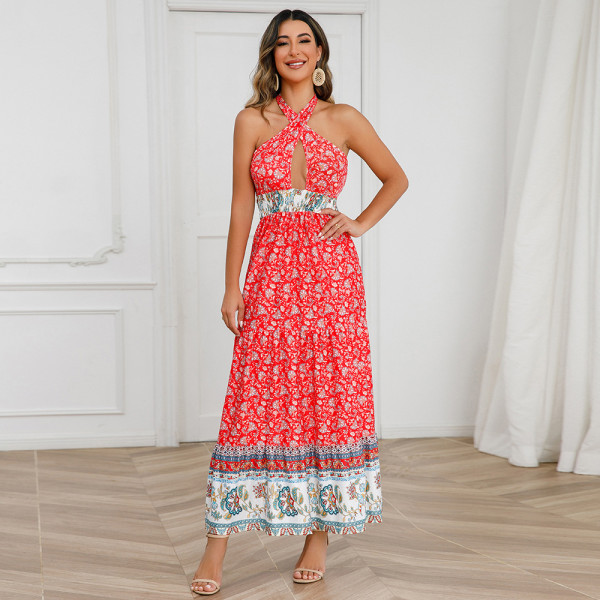 Sexy Cross Strap Hanging Neck Dress Bohemian Vintage Fragmented Flower Dress