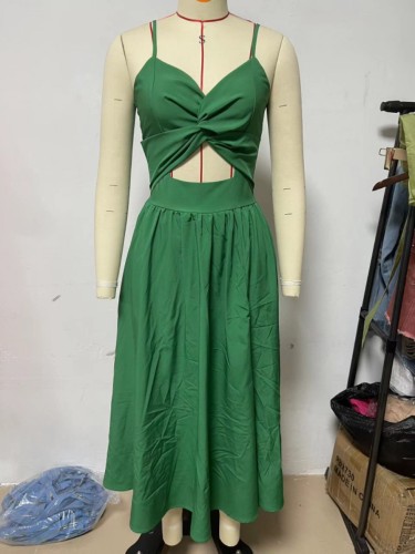 Deep V hollow out large hem with split suspender dress dress
