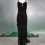 Solid color suspender knitted hollow waist fringed mid length skirt swimsuit cover up