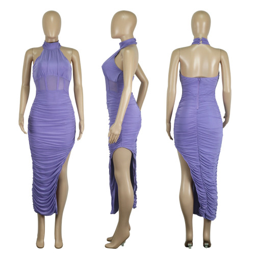 Hanging Neck Sleeveless Mesh Double Layer Split Sexy Evening Dress