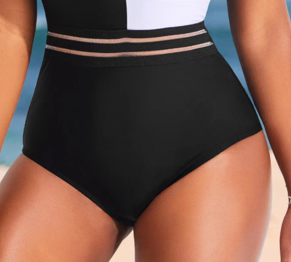 Black and white color matching one piece hollowed out transparent waistband one piece swimsuit