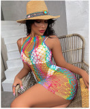 High elasticity perspective outfit hollowed out fishing net sexy colorful stripe series fun net clothing