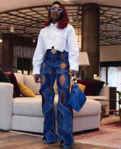 Personalized hollowed out horn denim pants Personalized hollowed out horn denim pants