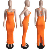 Women's Solid Cotton Sling Back Slit Maxi Dress