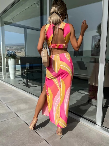 Printed Sleeveless Waist Elastic Hollow Split Dress