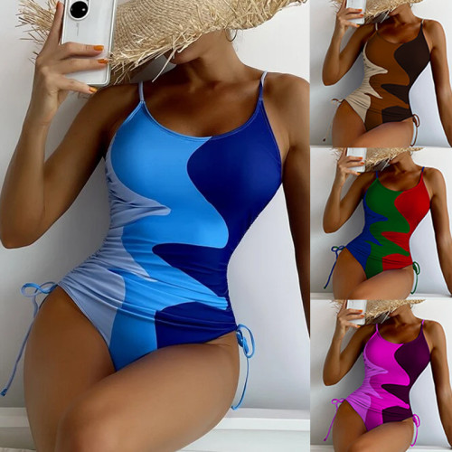One piece swimsuit multi color patchwork drawstring ripple women's swimsuit