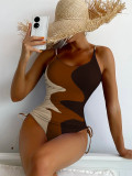 One piece swimsuit multi color patchwork drawstring ripple women's swimsuit