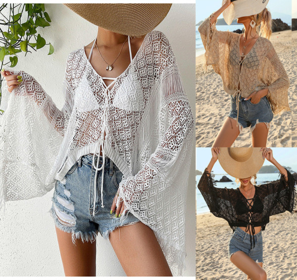 Women's Solid Color Sexy Knitted Hollow Beach Bikini Swimwear Cover Up Sun Protection Clothing