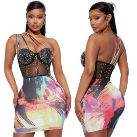 Fashionable hot diamond suspender dress with polyester mesh stitching and milk silk printing