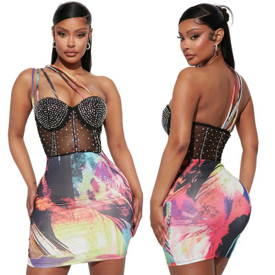 Fashionable hot diamond suspender dress with polyester mesh stitching and milk silk printing