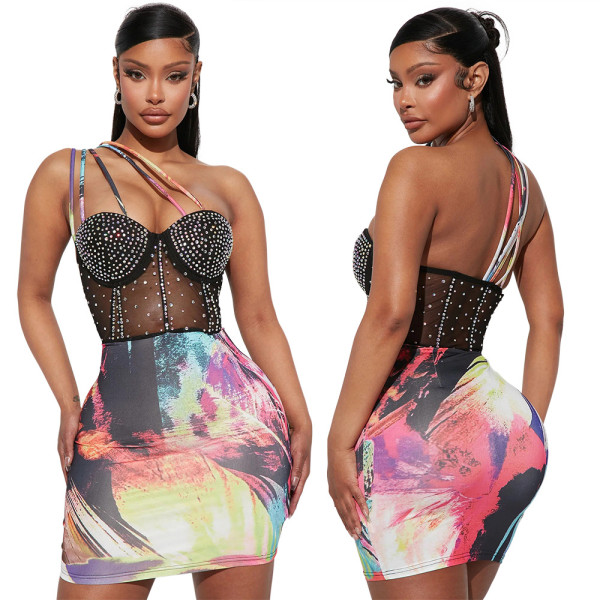 Fashionable hot diamond suspender dress with polyester mesh stitching and milk silk printing